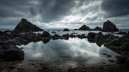 Fototapeta premium Coastal rocks reflecting cloudy sky