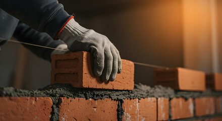 Close-up of gloved hand placing brick on cement wall, warm light enhances texture.
