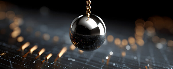 A shiny pendulum hovers over graphs, suggesting reflection on data or inevitable decisions. Conceptual image for business strategy, finance, and problemsolving.