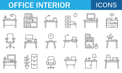 Office Interior Icon Set Featuring Desks, Chairs, and Furniture for Web and Graphic Design