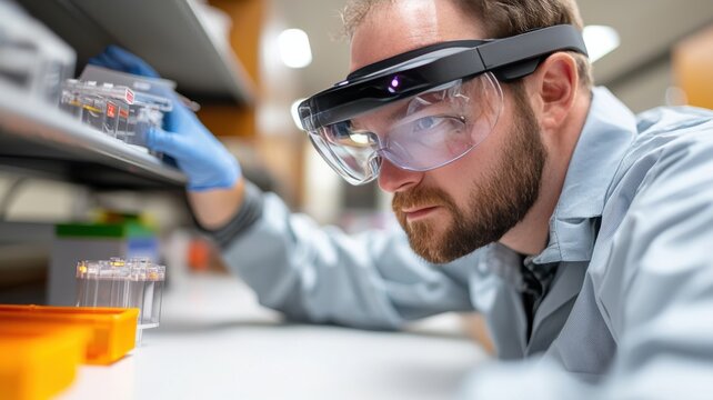 engineer biomedical automation Concept. Scientist examining samples in a laboratory with protective gear and focused expression.