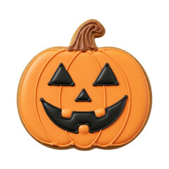  halloween pumpkin cookie with a carved face made of black icing, isolated on transparent background, festive treat
