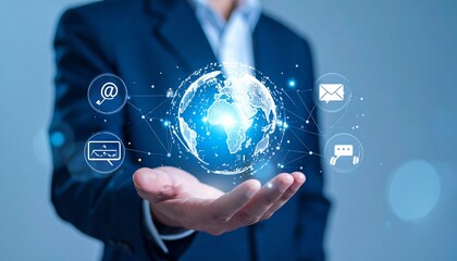Customer service and support solution, Businessman offering digital support with glob linked or connected to global electronics datum in business and technology.