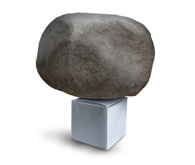 Power of Design and concept of strong engineering as a paper origami cube with a huge heavy rock as...