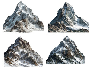 A majestic collection of snowcapped mountain peaks against a stark transparent background, isolated on transparent background