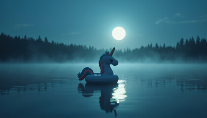 Fototapeta premium Unicorn Float on Lake at Night Under Moon