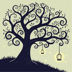 A magical nature vector illustration of a tree through seasons, from a spring tree with heart leaves to a winter silhouette adorned with 