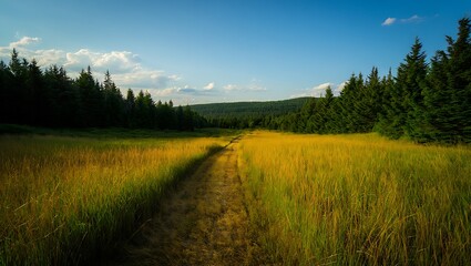 Obraz premium Sunlit meadow path winding through a forest with rolling hills