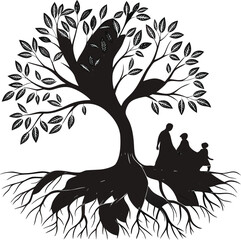 Stylized black vector tree silhouette with detailed roots and branches, perfect for nature-inspired design illustrations