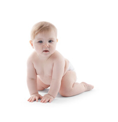 Cute little baby in diaper on white background