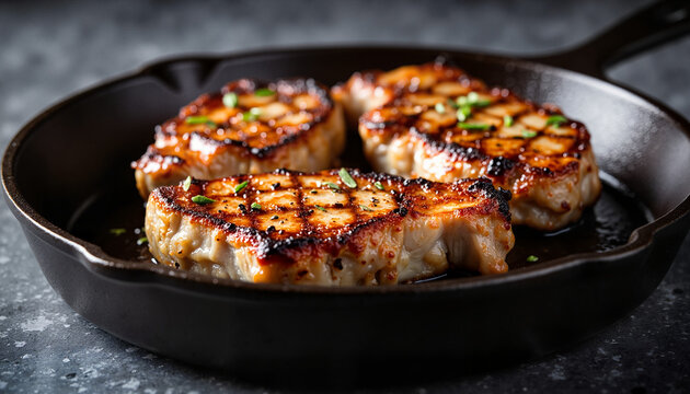 Grilled pork chops served in a cast iron skillet on dark background  