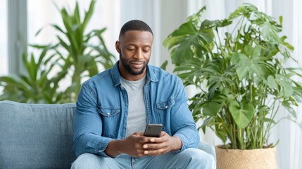 Fototapeta premium Man Relaxing on Couch Surrounded by Lush Green Plants Engaged with His Smartphone in a Bright, Comfortable Living Room Environment