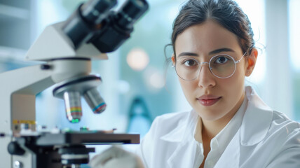 female scientist using microscope