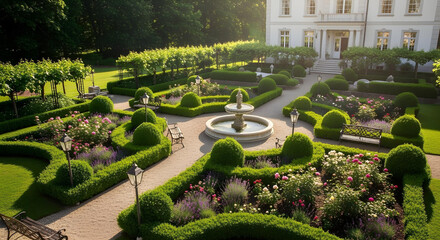 Aerial view of a French-style garden with geometric hedges, colorful flowers, and a central fountain.

