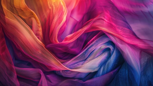 Swirling, translucent fabric in vibrant hues of orange, pink, purple, and blue, creating a dynamic, abstract composition - Powered by Adobe