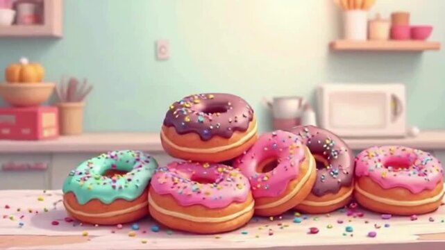 Delicious donuts with colorful sprinkles stacked on a kitchen counter ready for a sweet treat video, inviting and fun animation