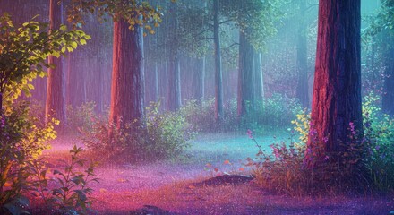 Magical, colorful forest at dawn