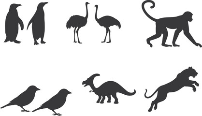 various animal silhouette set collection. Animal vector bundle illust black and white editable eps file. Alligator, Amphibian, Chicken, Dinosaur, Dog, graphic, Duck, Horse, Monkey,