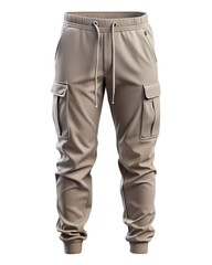 Beige Men's Cargo Joggers: Stylish, Modern, Casual Wear, Drawstring Waist, Side Pockets, Cuffed Bottoms.