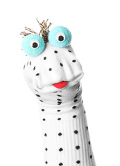 Funny sock puppet with tongue isolated on white