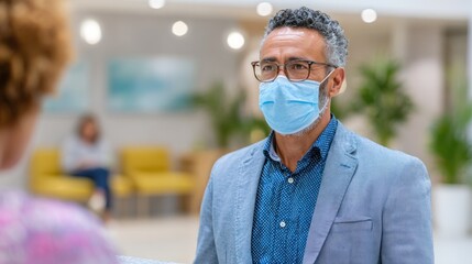 Engaged in Conversation: A Professional Interaction in a Modern Office Environment with Emphasis on Health Safety Precautions