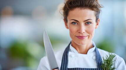 A Confident Female Chef Holding a Knife and Fresh Herbs, Exuding Culinary Passion and Expertise in a Modern Kitchen Setting