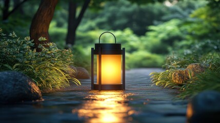 Outdoor lantern illuminates a garden path.  Soft glow casts warm light on wet stones.  Tranquil, serene, and peaceful
