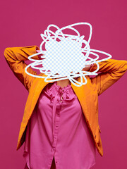 Collage of woman in pink blouse and orange jacket with chaotic scribble face cutout. Concept of...