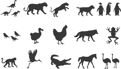 various animal silhouette set collection. Animal vector bundle illust black and white editable eps file. Alligator, Amphibian, Chicken, Dinosaur, Dog, graphic, Duck, Horse, Monkey,