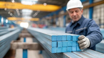 Fototapeta premium A Skilled Worker Handling Metal Bars in a Manufacturing Facility, Showcasing Precision and Safety in Industrial Operations
