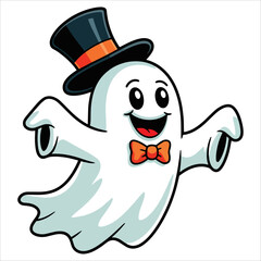 Smiling cute ghost with classic brown witch hat and orange buckle. Perfect for Halloween fun, spooky cartoon character designs, and festive holiday decorations.