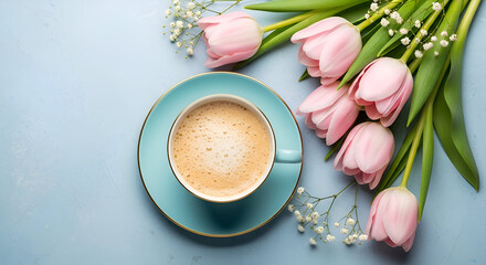 Coffee cup and pink tulips on a light blue surface top view