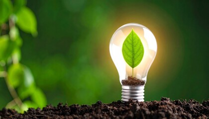 A glowing light bulb with a green leaf inside, symbolizing eco-friendly energy and environmental sustainability, rests on soil with a blurred green background.