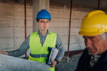 Engineers discussing building project on construction site