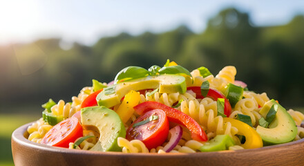 Pasta salad with avocado and vegetables in wooden bowl