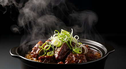 Steaming braised pork belly with scallions on a dark plate