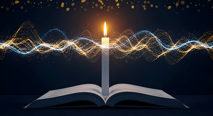 Candle on open book with light waves and bokeh background