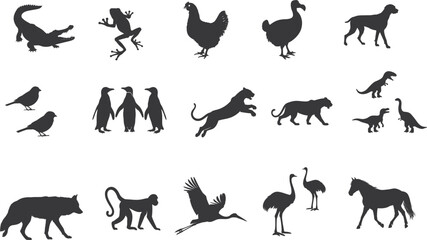 various animal silhouette set collection. Animal vector bundle illust black and white editable eps file. Alligator, Amphibian, Chicken, Dinosaur, Dog, graphic, Duck, Horse, Monkey,