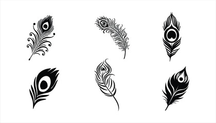 peacock feather vector set on white background, peacock feather silhouette vector icon set.