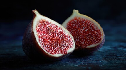 Close-up of two halved figs on dark surface