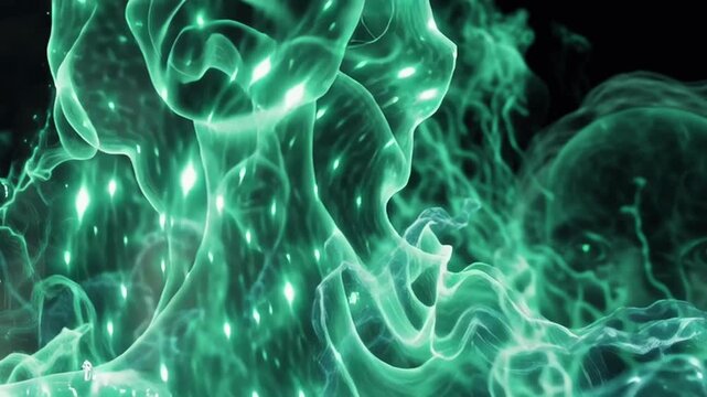 mystical green flame eldritch tendrils glowing ancient runes flickering inside, ghostly faces barely visible fire, black background, supernatural eerie atmosphere, seamless loop, dark magic aesthetic