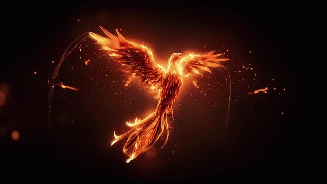 a mystical phoenix flame slowly heartbeat, glowing radiant gold, crimson, and orange, feathers flicker in and out, deep black background, cinematic lighting, high fantasy loop