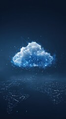 data transfer cloud computing technology concept. There is a large prominent cloud icon in the center with internal connections. and small icon on abstract world map polygon with.