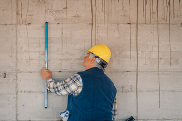 Construction worker using spirit level on concrete wall at building site