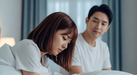Upset woman looking down with man behind in bedroom setting indoors