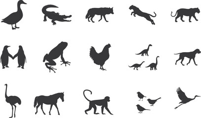 various animal silhouette set collection. Animal vector bundle illust black and white editable eps file. Alligator, Amphibian, Chicken, Dinosaur, Dog, graphic, Duck, Horse, Monkey,
