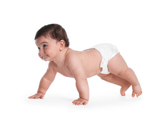 Cute little baby crawling on white background