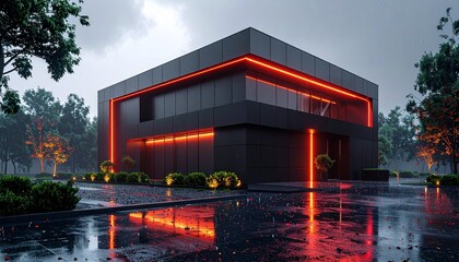 An ominous black futuristic building illuminated by glowing red neon lights, standing alone against the night sky in a surreal conceptual cityscape; cinematic abstract sci-fi aesthetic