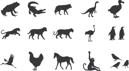 various animal silhouette set collection. Animal vector bundle illust black and white editable eps file. Alligator, Amphibian, Chicken, Dinosaur, Dog, graphic, Duck, Horse, Monkey,