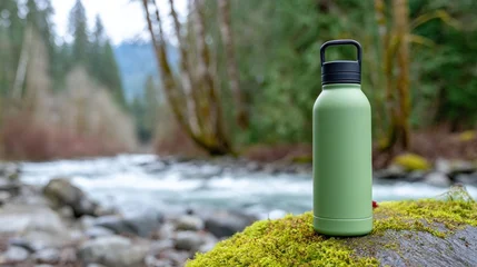 Fotobehang Bos rivier A Stylish Green Water Bottle Standing Proudly on a Mossy Rock Near a Flowing River Surrounded by Lush Forest and Scenic Mountain Views  © evgenia_lo